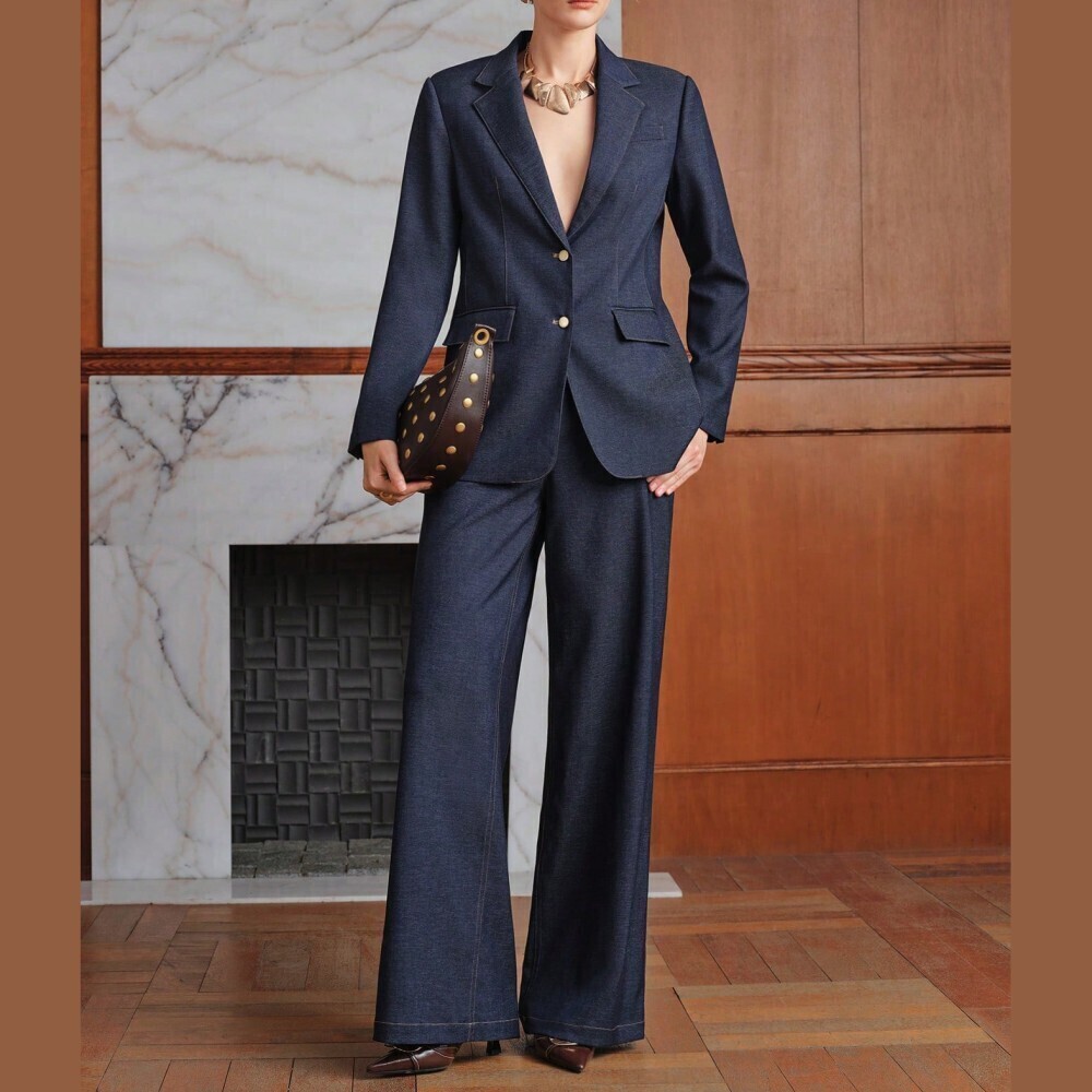 Two-Piece Navy Blue Denim-Look Notch Lapel Blazer and Wide Leg Trouser Set